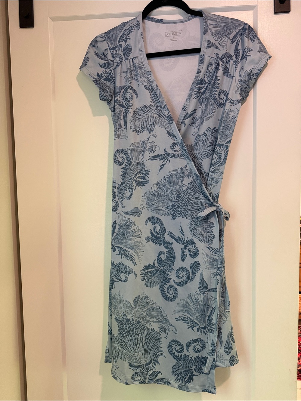 Athleta Light Blue Navy Print Wrap Dress Sz. M